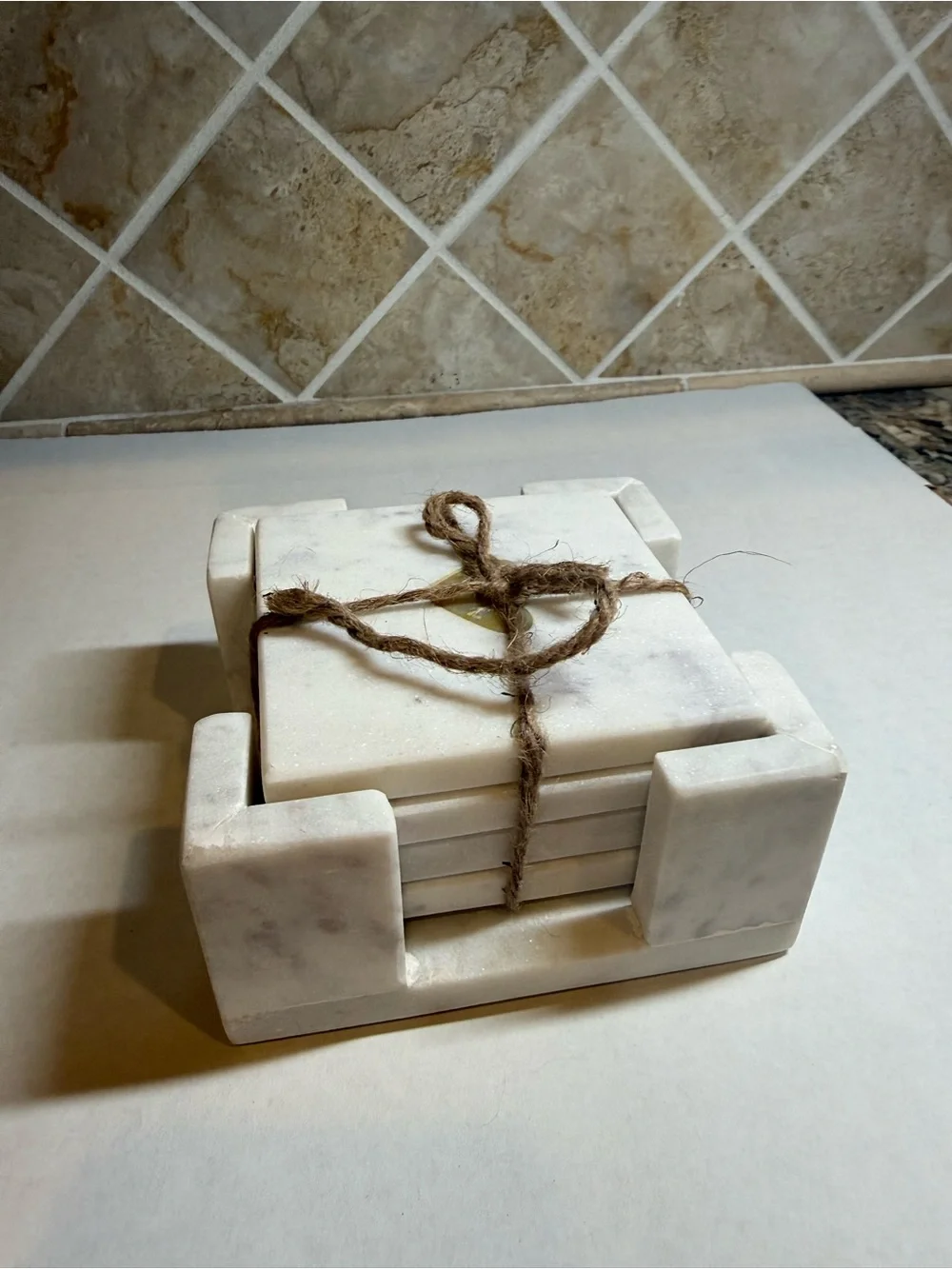 Creative Co-Op Set of 4 Square White Marble Coasters w/ Marble Holder India